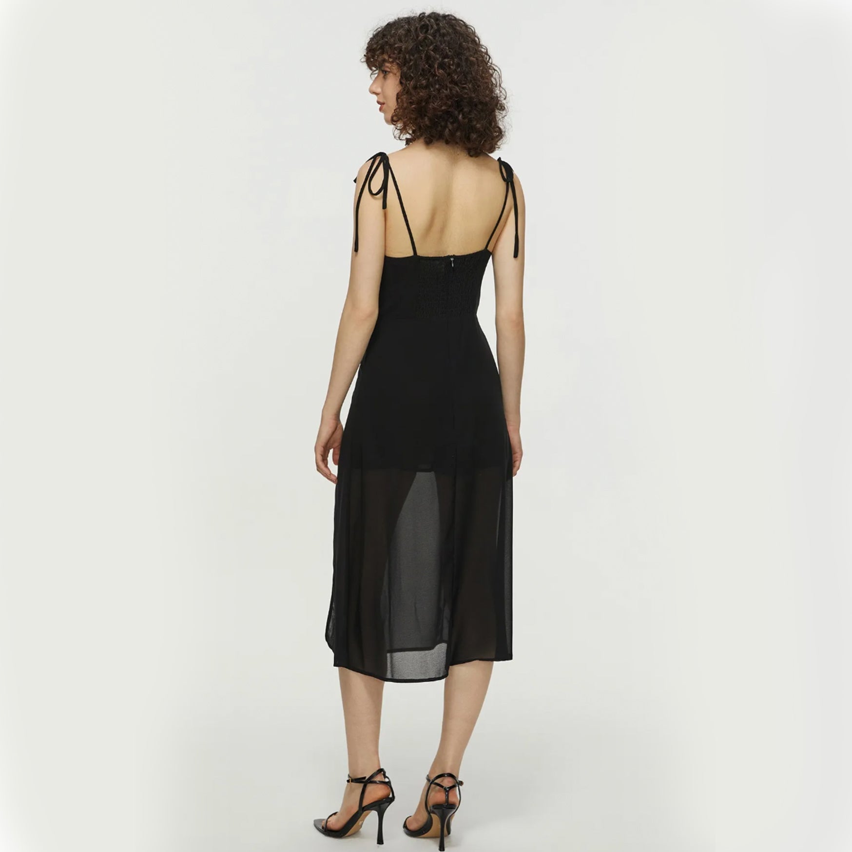 Midi Chiffon Dress With Tied Strap - Black S