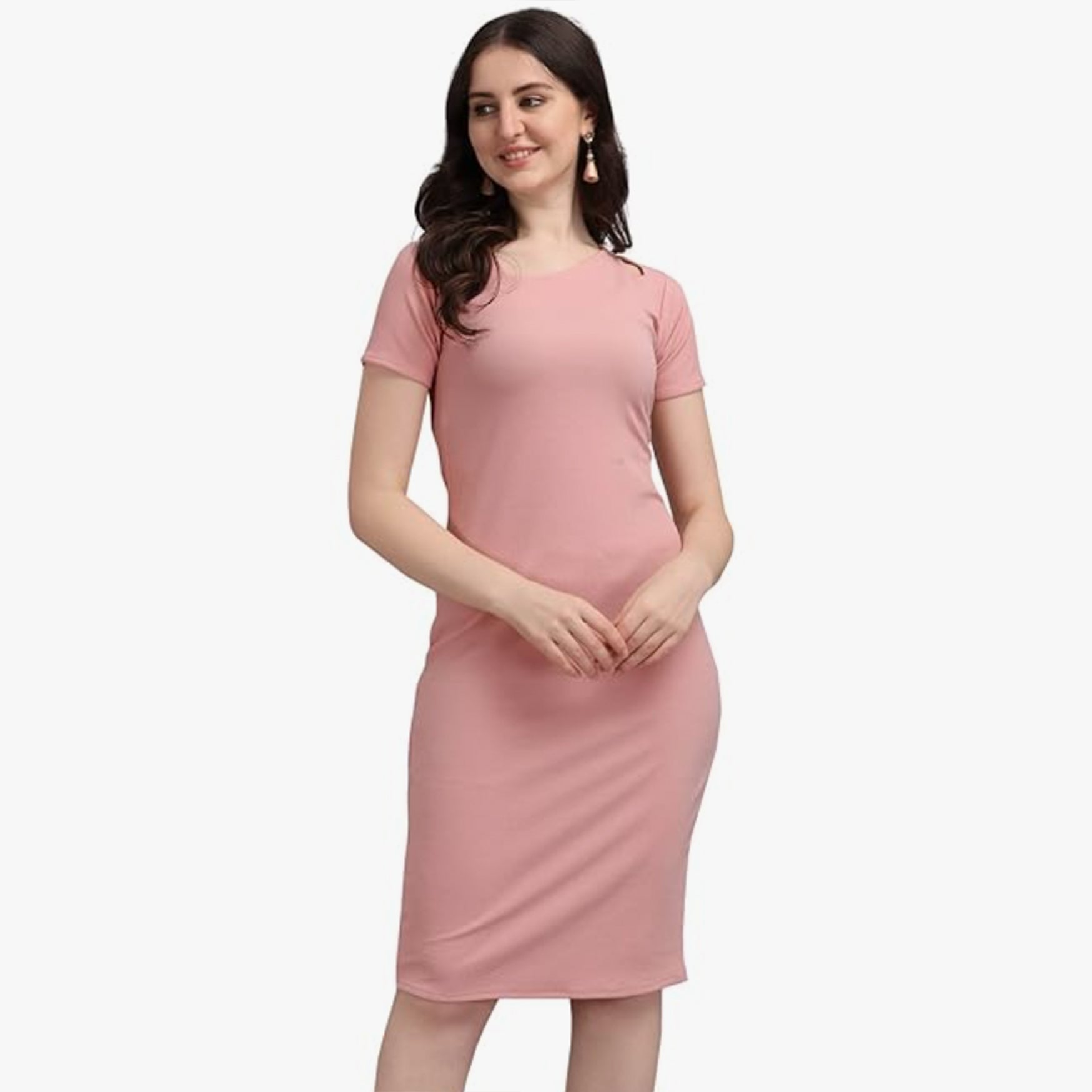 PURVAJA Women's Corduroy Bodycon Knee-Length Dress (Ruby-052-PE-M_Peach