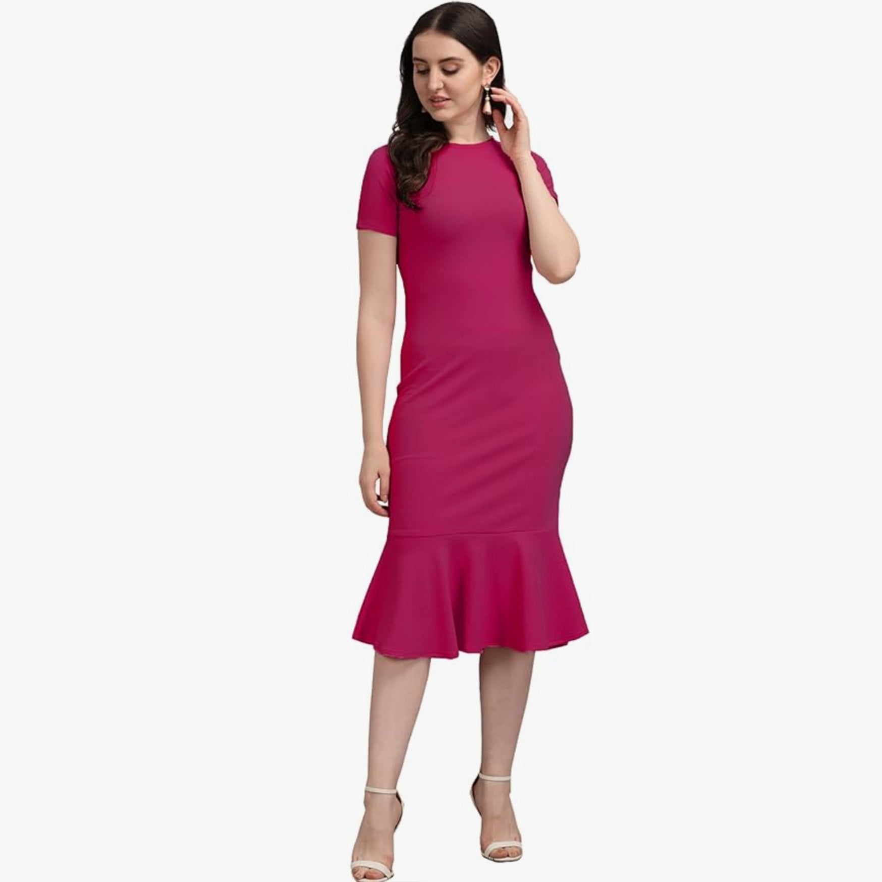 PURVAJA Women's Midi Bodycon Dress (Ruby-004-PN-L_Pink_L)