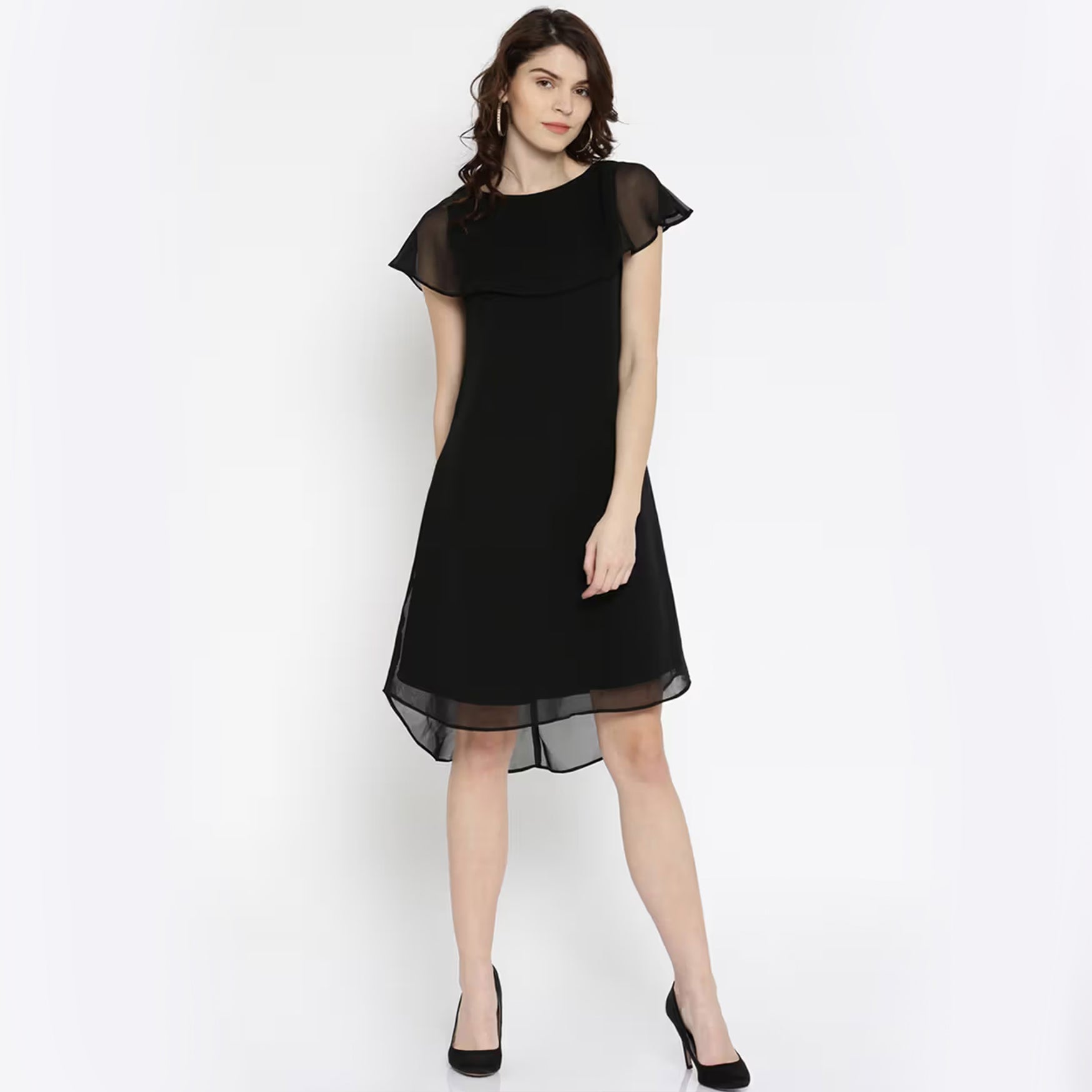 RARE Women Black Solid Layered A-line Dress (L)