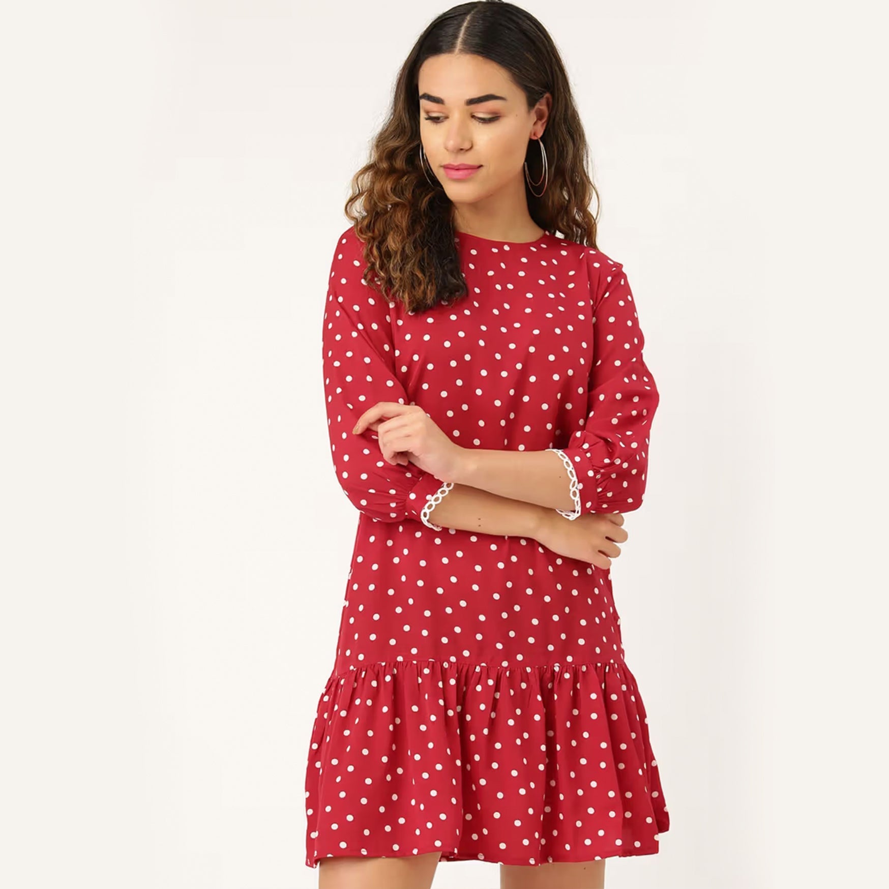 Red & White Polka Dots Print Drop-Waist Dress (S)