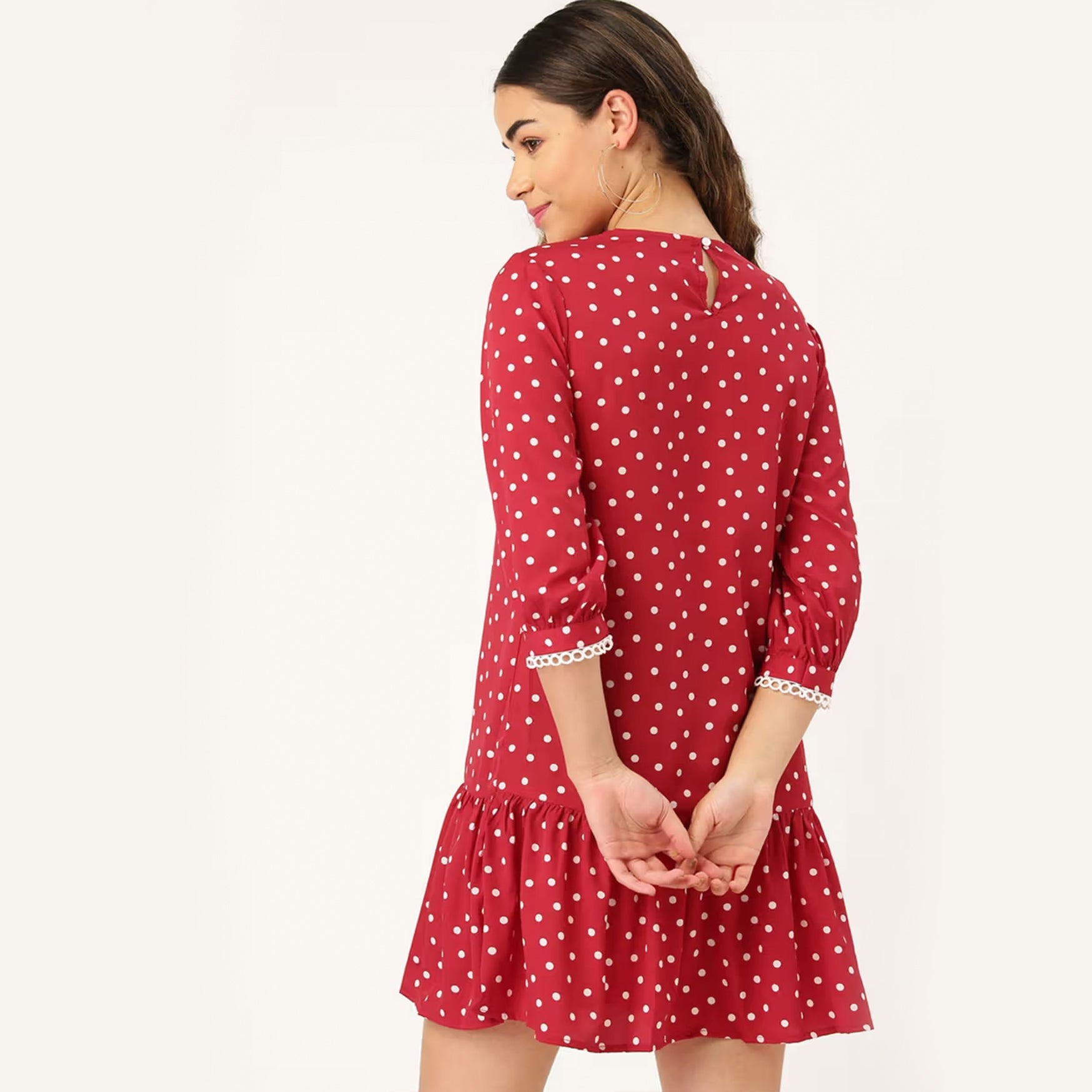 Red & White Polka Dots Print Drop-Waist Dress (S)