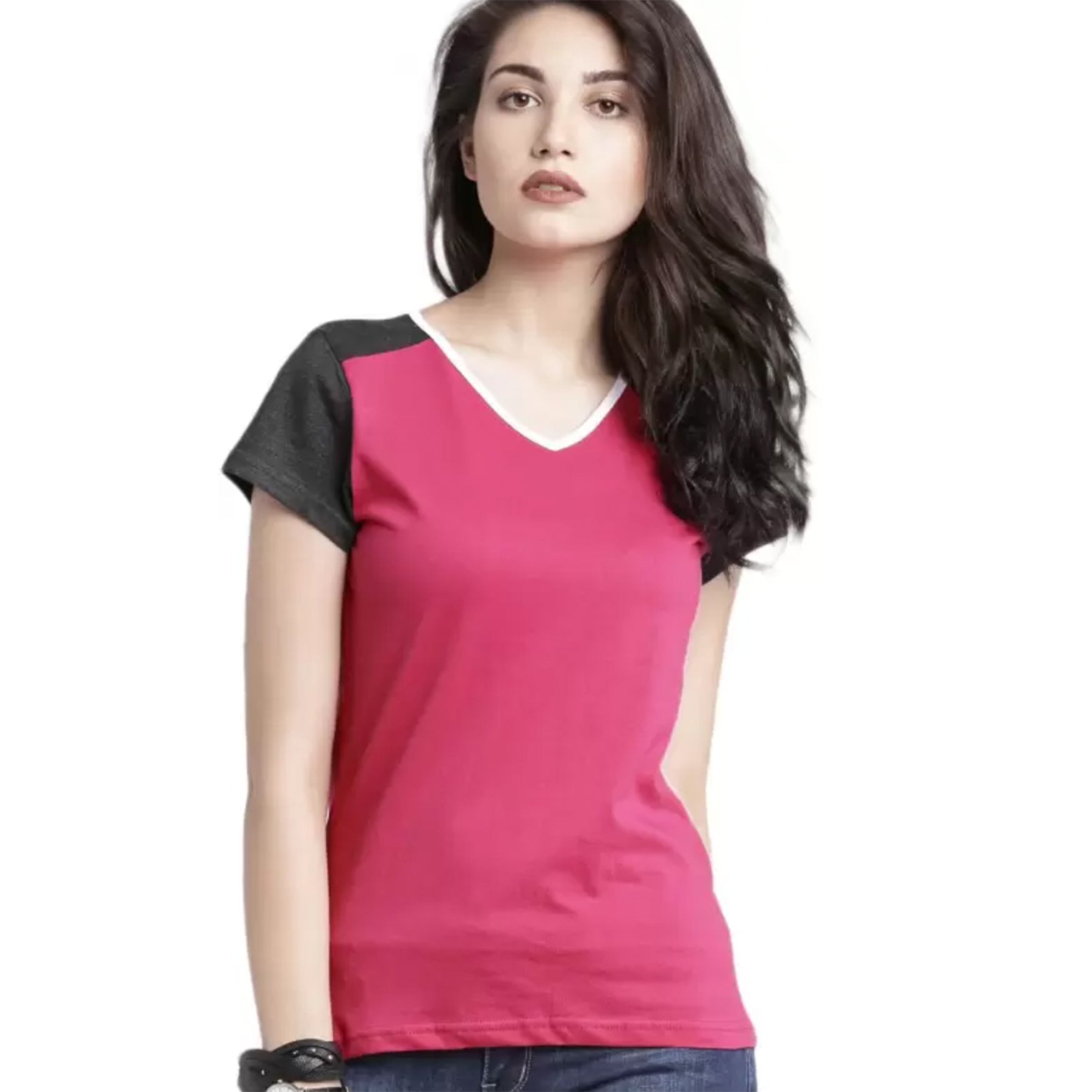 Roadster Colorblock Women V Neck Pink T-shirt