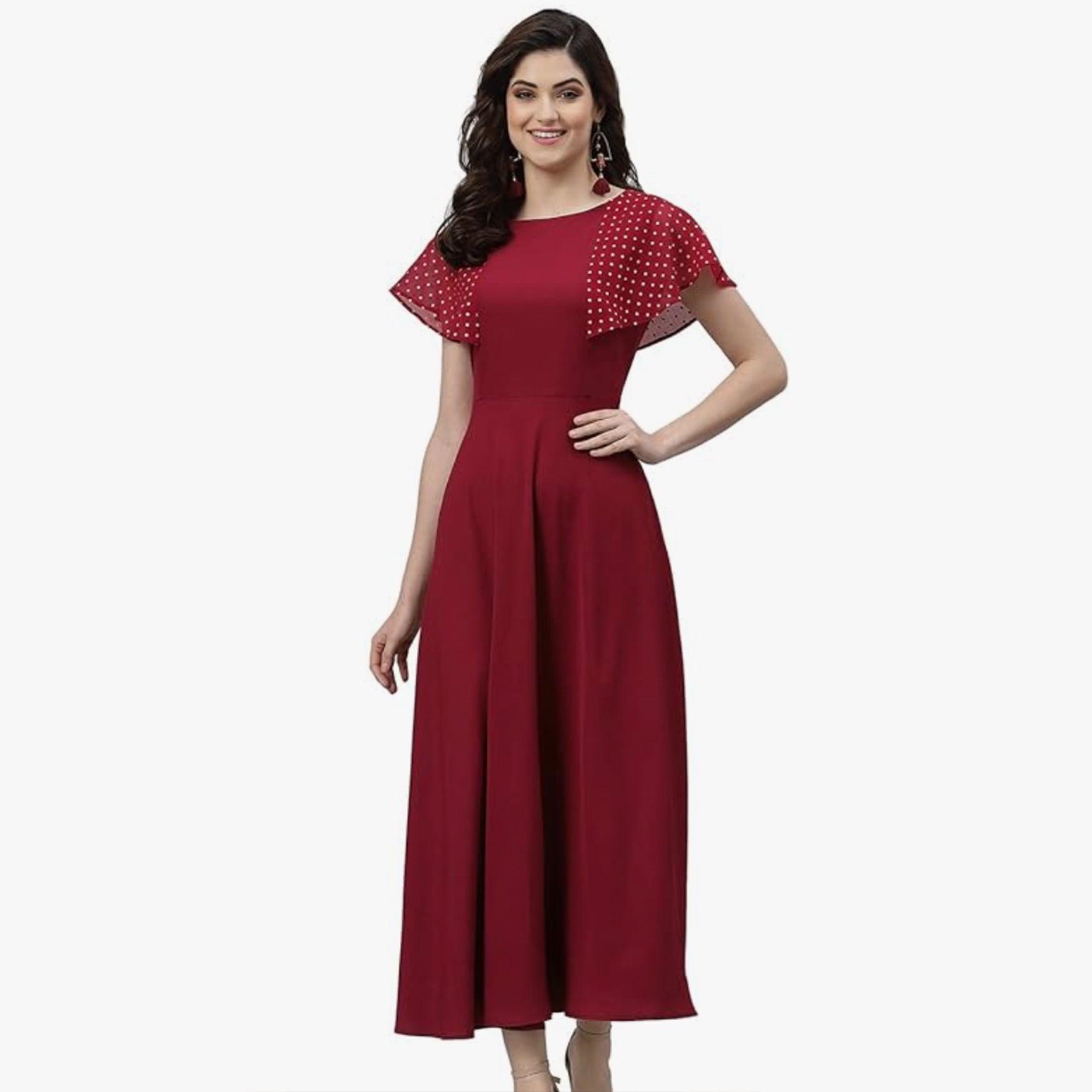 SIRIL Women's Foil Printed Fit & Flare Long Crepe Dress(298TK6002-L_Maroon)