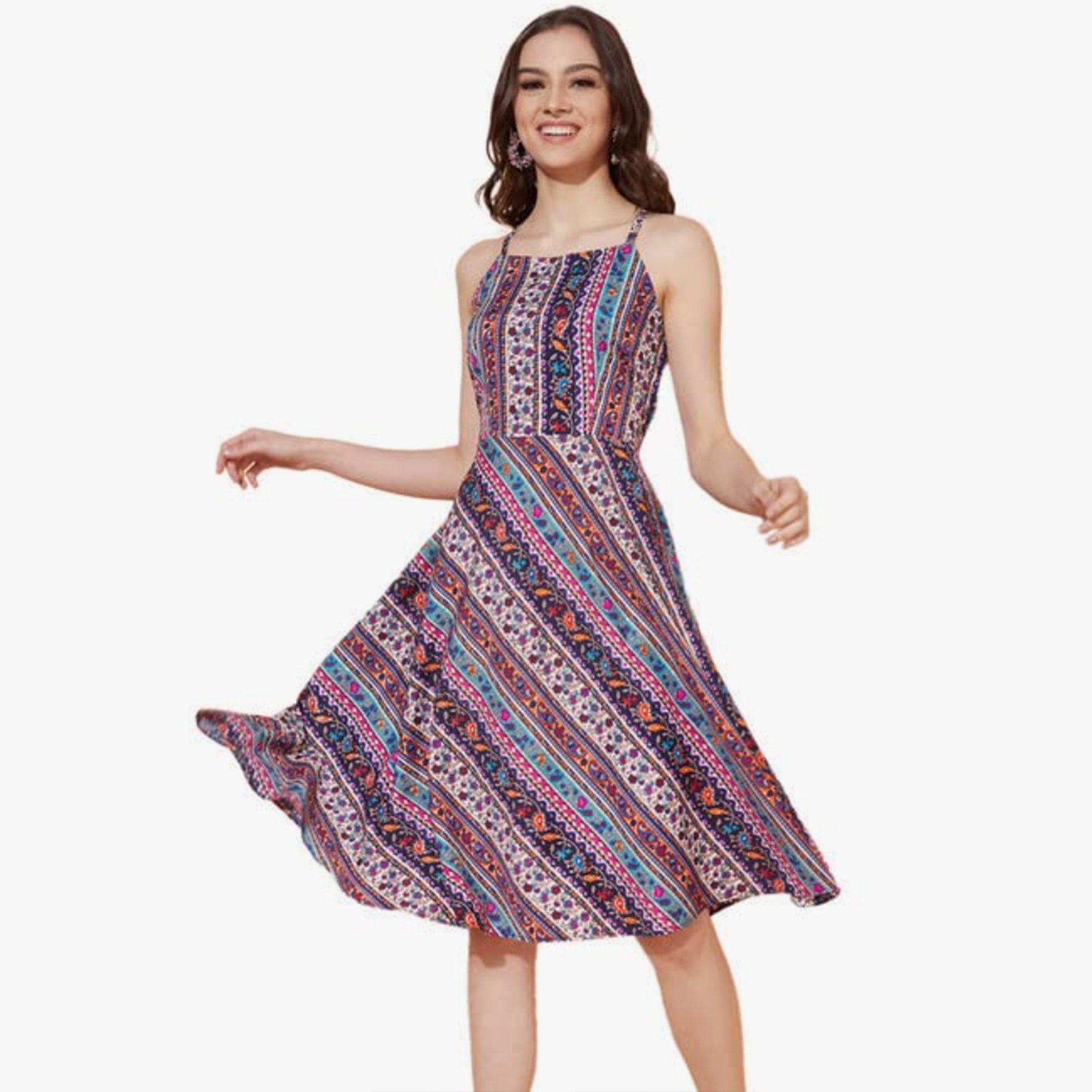 SIRIL Women's Mill Print Fit & Flare Crepe Dress(394TK7192-S_Multi) Multicolour