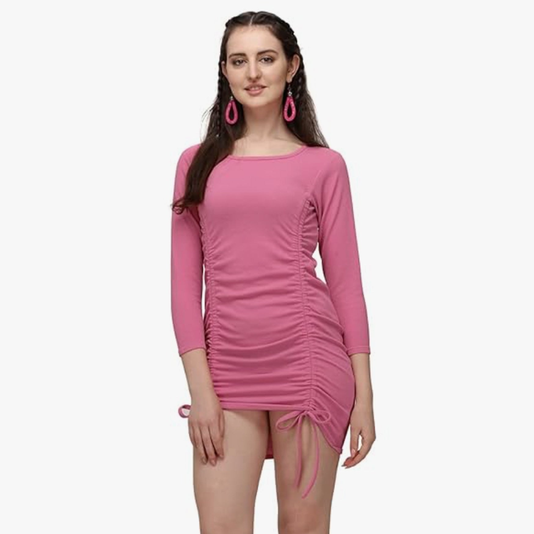 Selvia Women's Knitted Stretchable Bodycon Lycra Dress (218TKN3093-L_Pink)