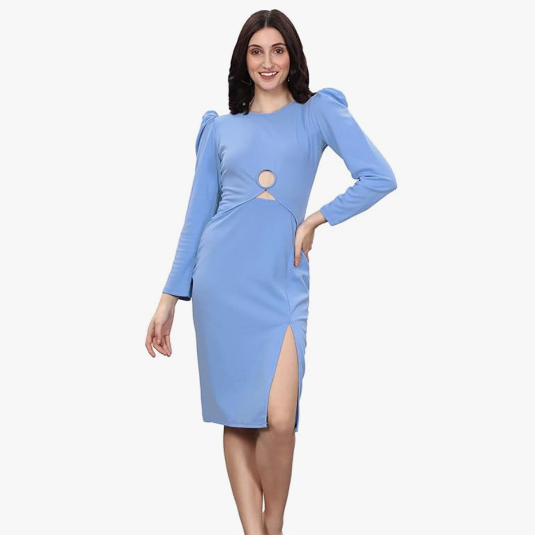 Selvia Women's Knitted Stretchable Bodycon Lycra Dress (268TKN6041-M) Light Blue