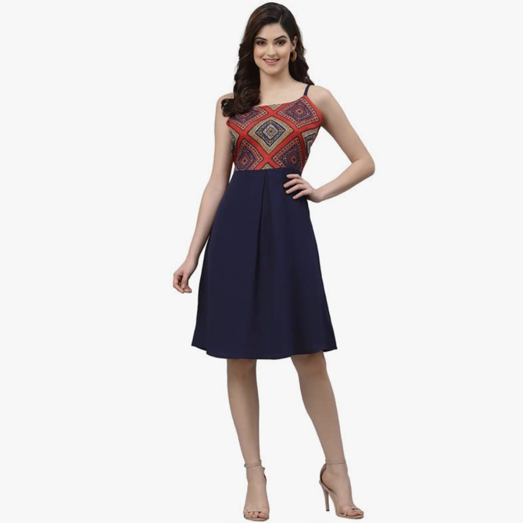 Selvia Women's Sleeveless Crepe Square Neck A-Line Dress(297TK5094N-L_Blue & Multi)