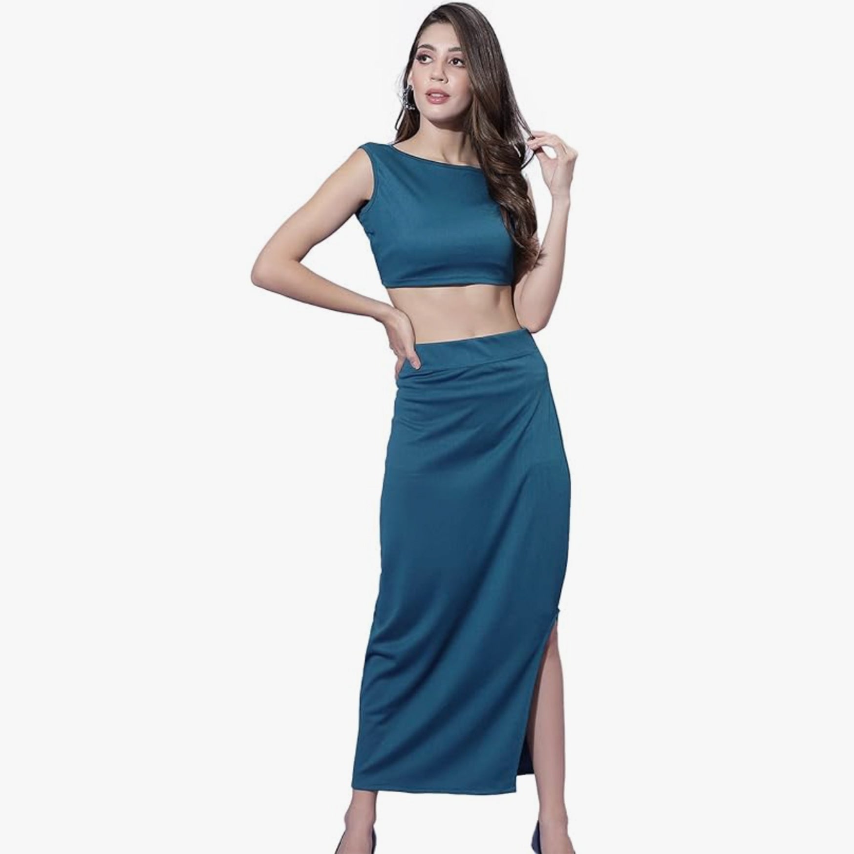 Selvia Women's Sleeveless Knitted Lycra Co-Ords Dress(353TK10162N-L_Teal Blue)