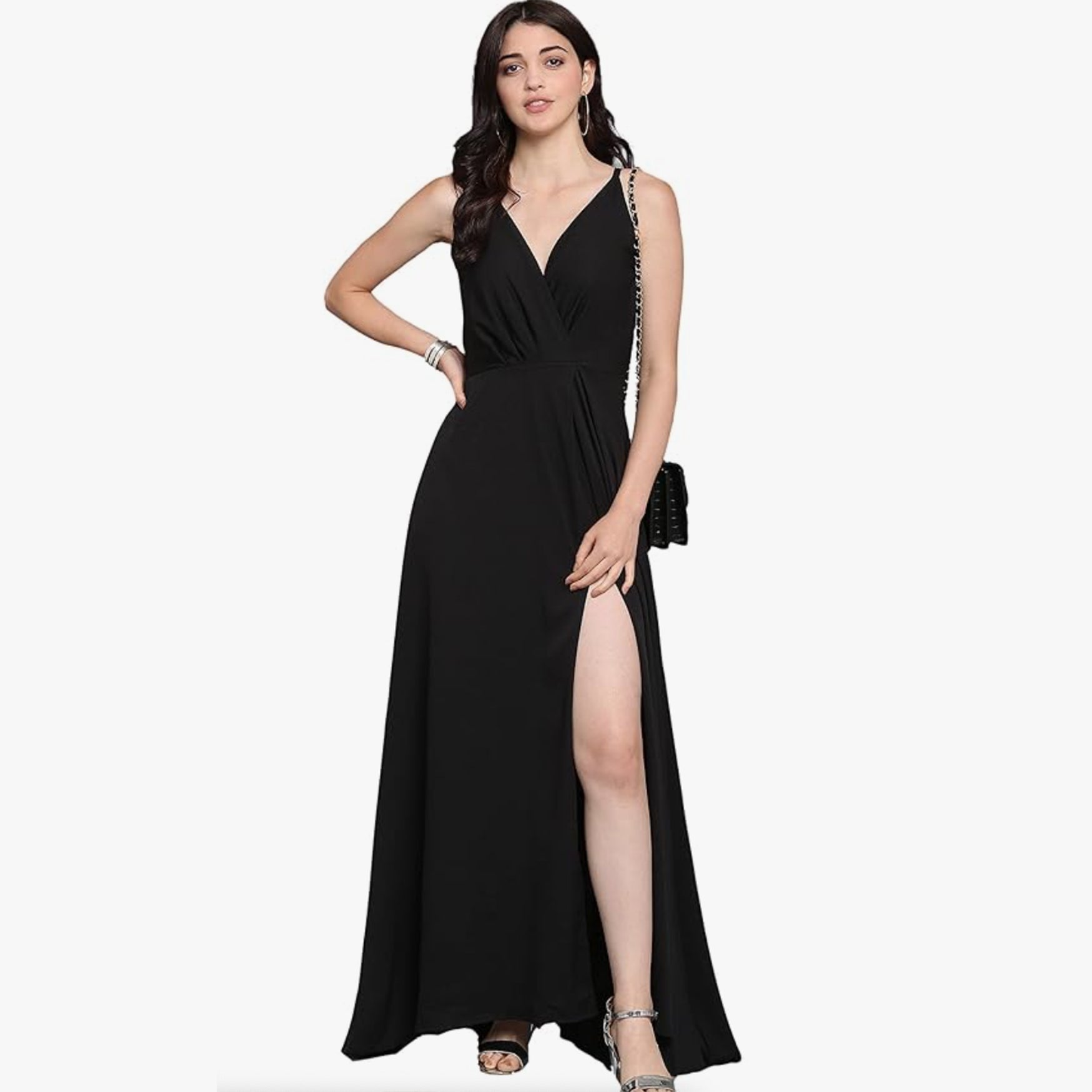 Sheetal Associates Women's Layered Sleeves High Neck Bodycon Casual Knee Length Midi Dress Black