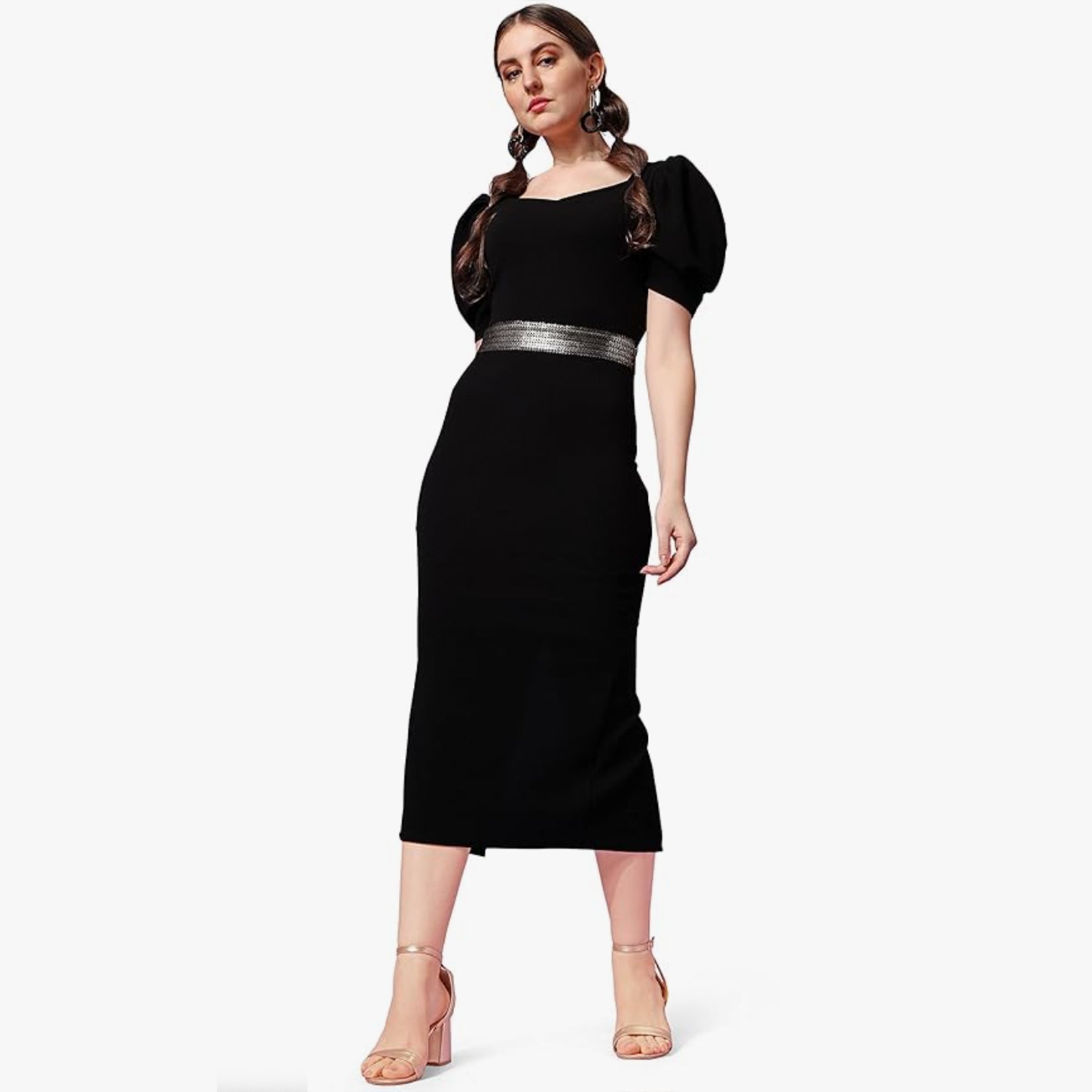 Sheetal Associates Women's Puff Sleeves Sweetheart NeckSlit Bodycon Casual Midi Dress Black