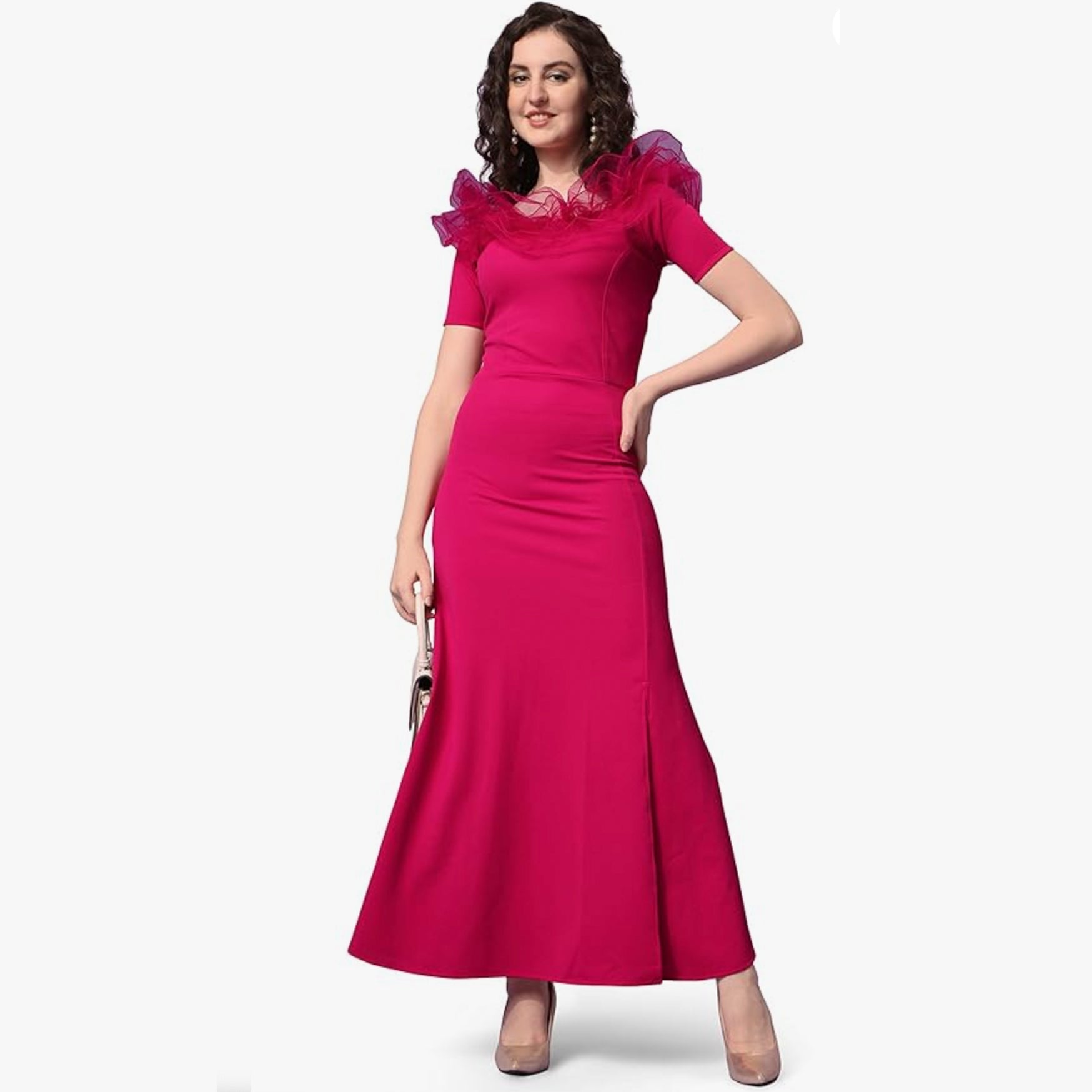 Sheetal Associates Women's Ruffle Sleeves Bodycon Slit Maxi Dress Rani Pink