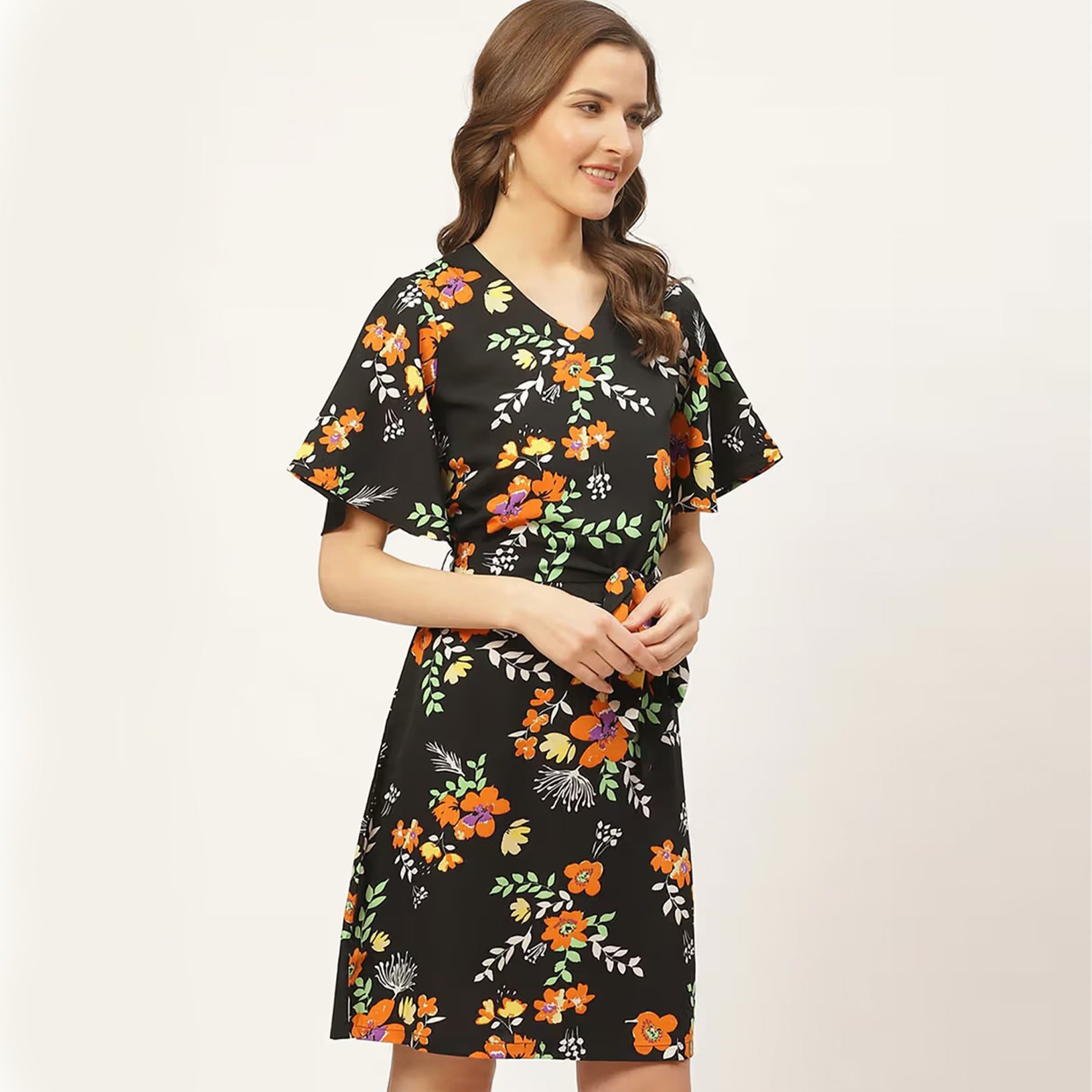 Style Quotient Women Black and Orange Floral Printed A-Line Dress (S)