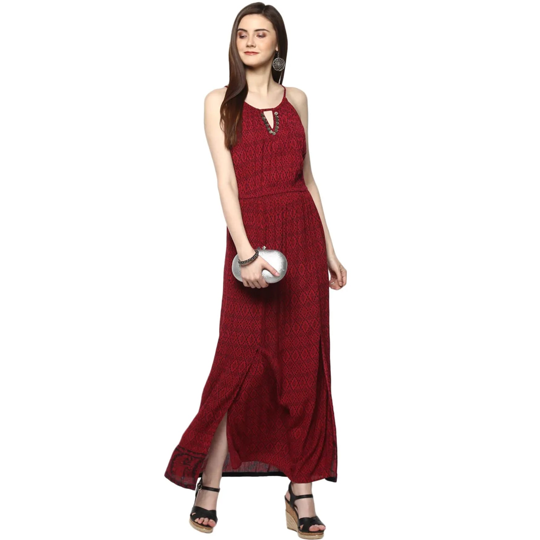 Taurus Red Printed Rayon Crepe Maxi Dress For Women (L)