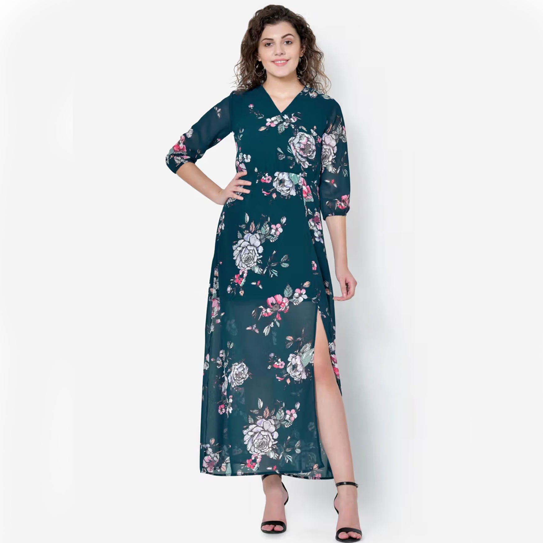 Turquoise Floral Front Slit Maxi Dress (S)