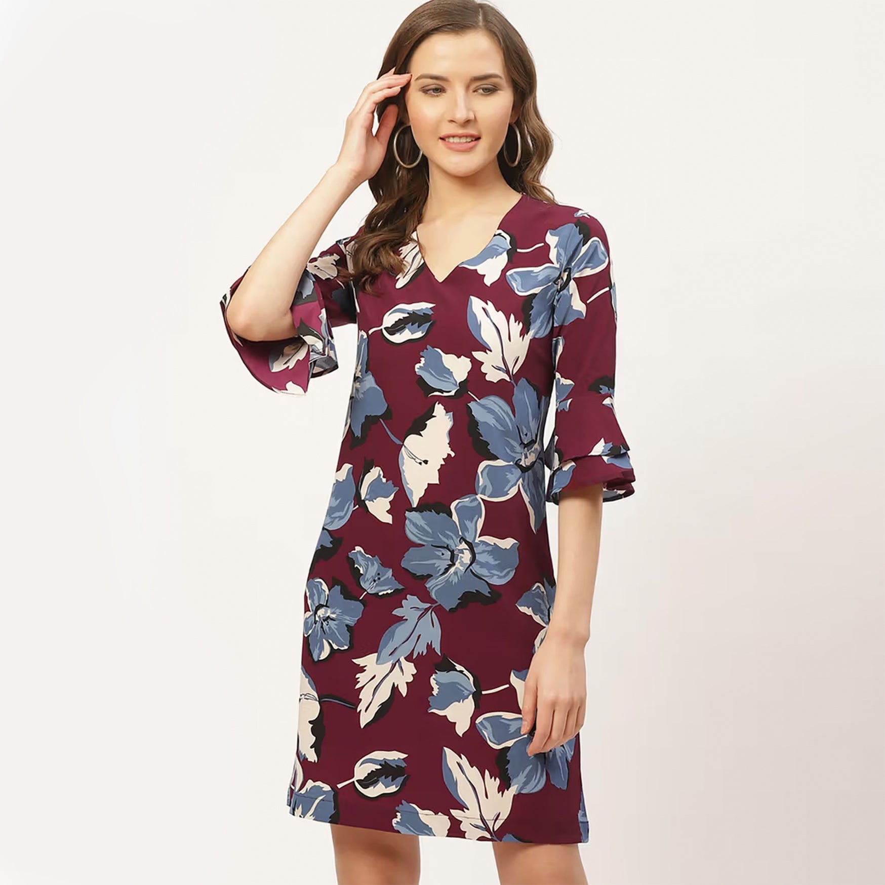 Women Burgundy and Blue Floral Printed A-Line Dress (S)