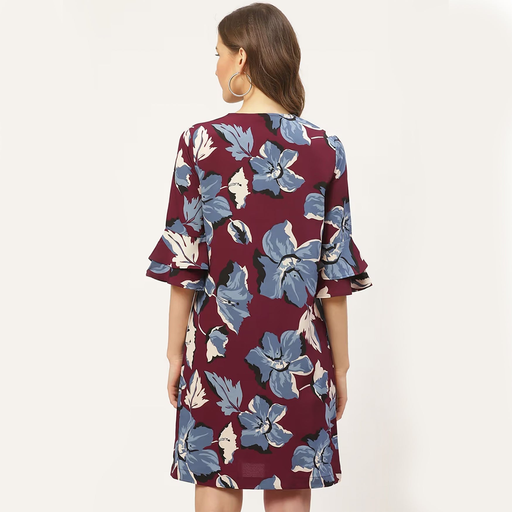 Women Burgundy and Blue Floral Printed A-Line Dress (S)